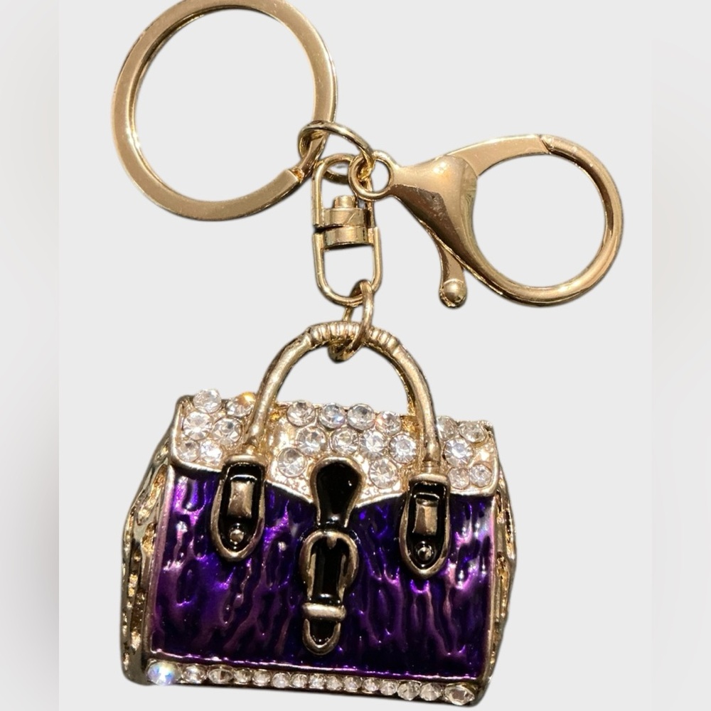 Purple Gold Rhinestone Purse Bag Charm Keychain